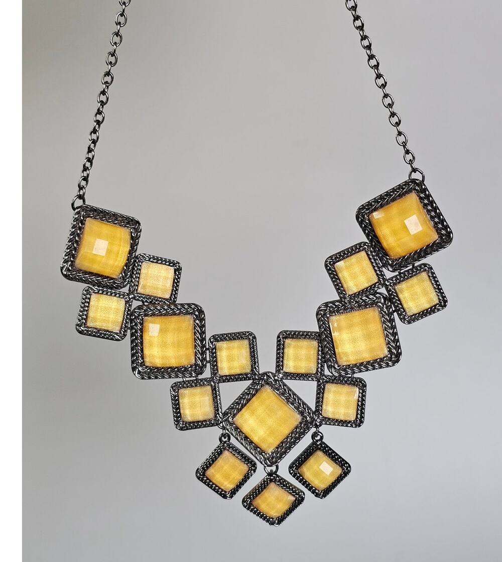 Vintage Geometric Statement Bib Necklace Yellow Resin Squares Gunmetal Chain